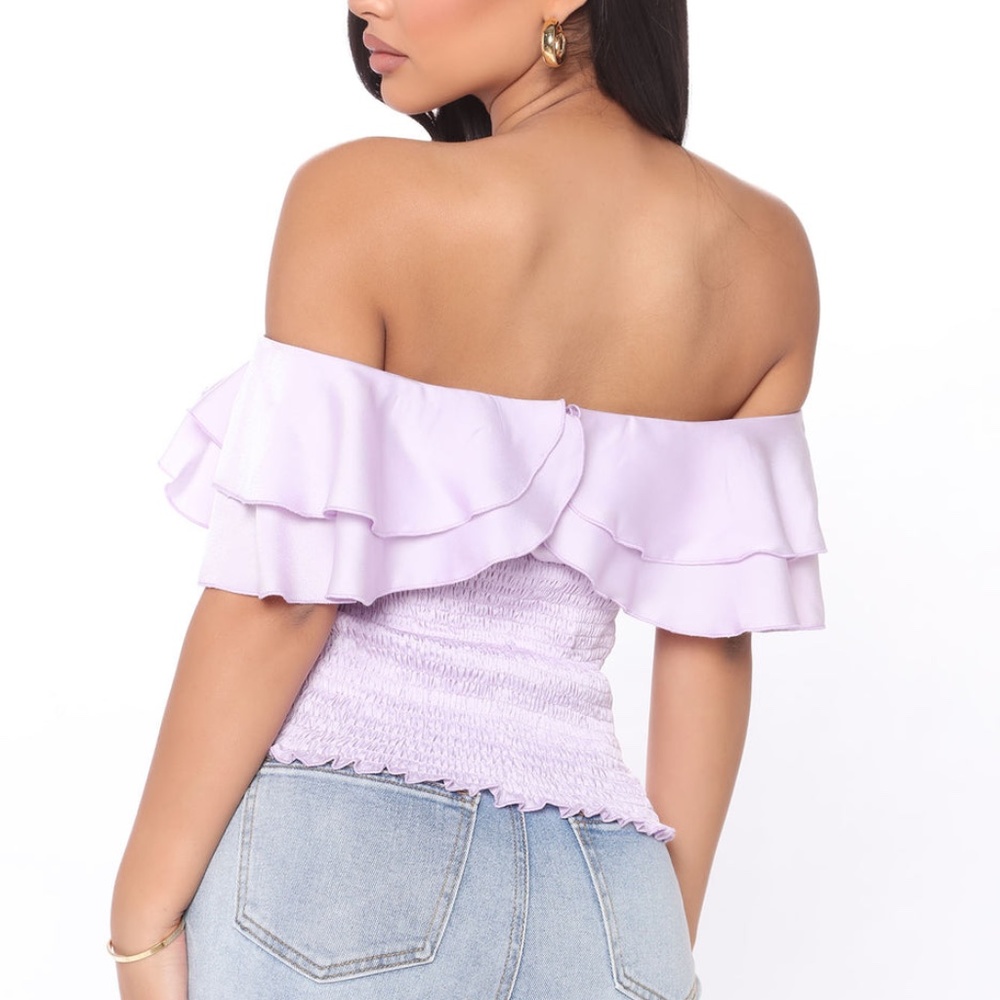 Satin Ruffle Off-Shoulders Top - Picture 2 of 2